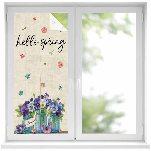 Hello Spring Window Privacy Film, Pastoral Purple Bottle Floral Rustic Burlap Static Cling UV Sun Blocking Heat Control Window Tint Day and Night, Non-Adhesive One Way Privacy Cover 17.7''x39.3''