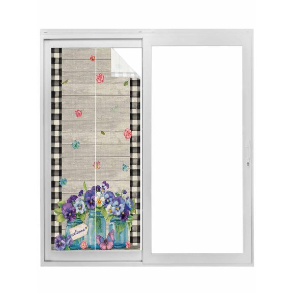 Hello Spring Window Privacy Film, Pastoral Purple Bottle Floral Wooden Plaid Static Cling UV Sun Blocking Tint Film Heat Control Windows Films for Bedroom Bathroom, Window Stickers 17.7"x39.3"