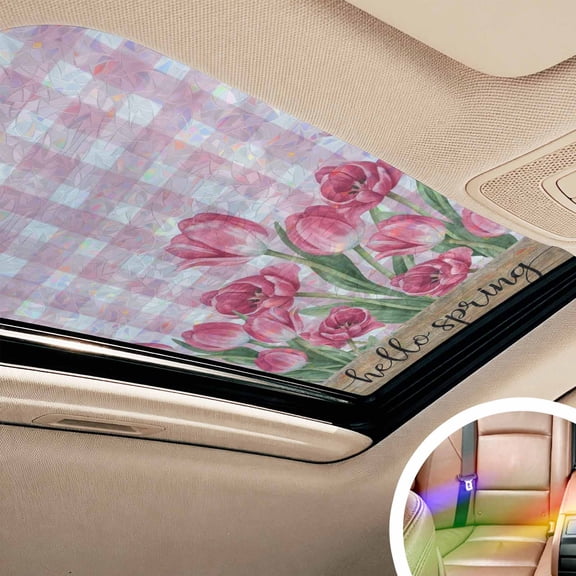 Hello Spring Window Privacy Film Rainbow Static Cling Stain Glass Window Film for Door, Decorative Sunroof Decal Sticker for Car Bathroom 17.7"x39.3" Pink Tulip Flowers Farmhouse Buffalo Plaid Wooden