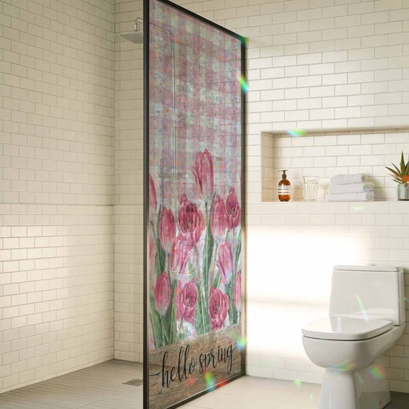 Hello Spring Window Privacy Film Rainbow Static Cling Stain Glass Window Film for Door, Decorative Sunroof Decal Sticker for Car Bathroom 29.5"x118" Pink Tulip Flowers Farmhouse Buffalo Plaid Wooden