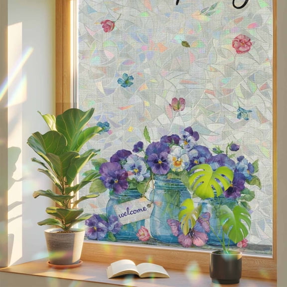 Hello Spring Window Privacy Film Rainbow Static Cling Stain Glass Window Film for Glass Door, Decorative Sunroof Decal Sticker for Car 19.6"x39.3" Pastoral Purple Bottle Floral Rustic Burlap