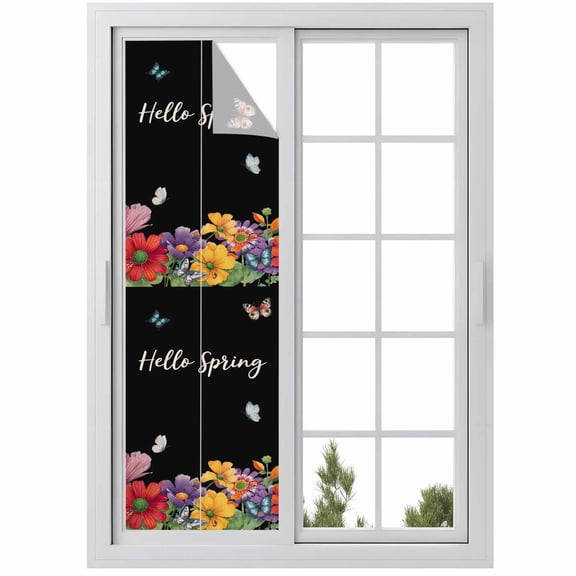 Hello Spring Window Privacy Film, Red Yellow Purple Flower Butterfly Floral Black Background Frosted Glass Window Clings Static Cling UV Heat Blocking Door Sticker for Bathroom 23.6x78.7 Inch