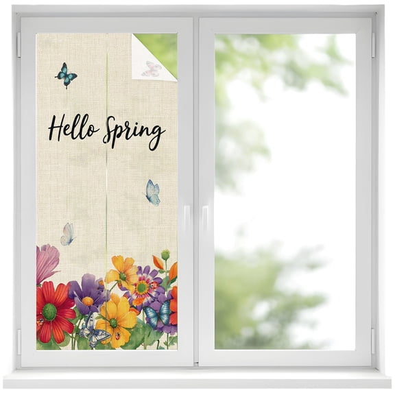 Hello Spring Window Privacy Film, Red Yellow Purple Flower Butterfly Vintage Floral Frosted Glass Window Clings Static Cling UV Heat Blocking Reusable Door Sticker for Bathroom 17.7 x 39.3 Inch