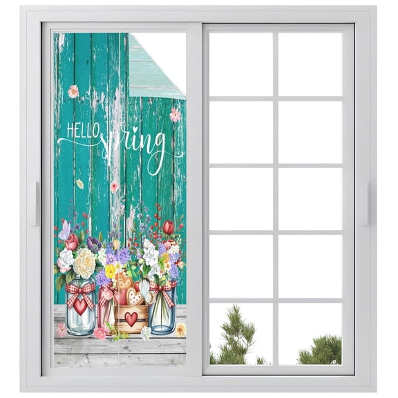 Hello Spring Window Privacy Film, Rose Purple Pink Flower Red Heart Green Wood Grain Frosted Glass Window Clings Static Cling UV Heat Blocking Reusable Door Sticker for Bathroom 23.6 x 59 Inch