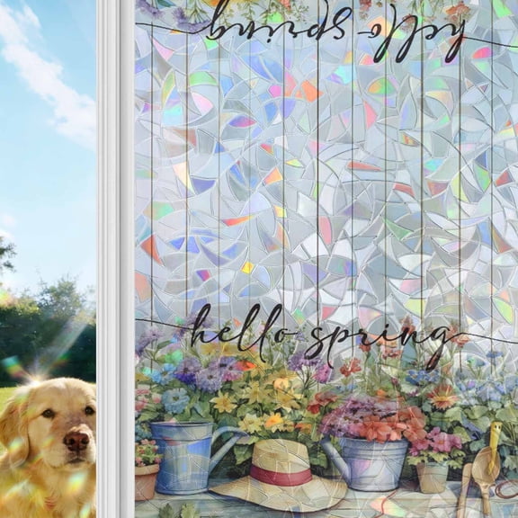 Hello Spring Window Privacy Film Stain Glass,Reusable Decorative Rainbow Window Film,Elagant Summer Floral Botanical Wooden Static Cling Sun Blocking Stickers Decals Covers 17.7" x 39.3" (2pcs)
