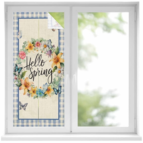 Hello Spring Window Privacy Film, Tulips Flowers Wreath Butterfly Blue Plaid Linen Frosted Glass Window Clings Static Cling UV Heat Blocking Reusable Door Sticker for Bathroom 17.7 x 39.3 Inch