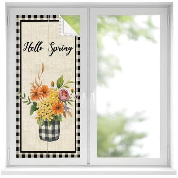 Hello Spring Window Privacy Film, Watercolor Daisy Tulips Flowers Linen Black Plaid Frosted Glass Window Clings Static Cling UV Heat Blocking Reusable Door Sticker for Bathroom 17.7 x 39.3 Inch