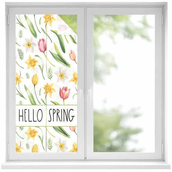Hello Spring Window Privacy Film, Yellow Pink Tulip Flowers Green Leaf Pastoral Frosted Glass Window Clings Static Cling UV Heat Blocking Reusable Door Sticker for Bathroom 19.6 x 39.3 Inch