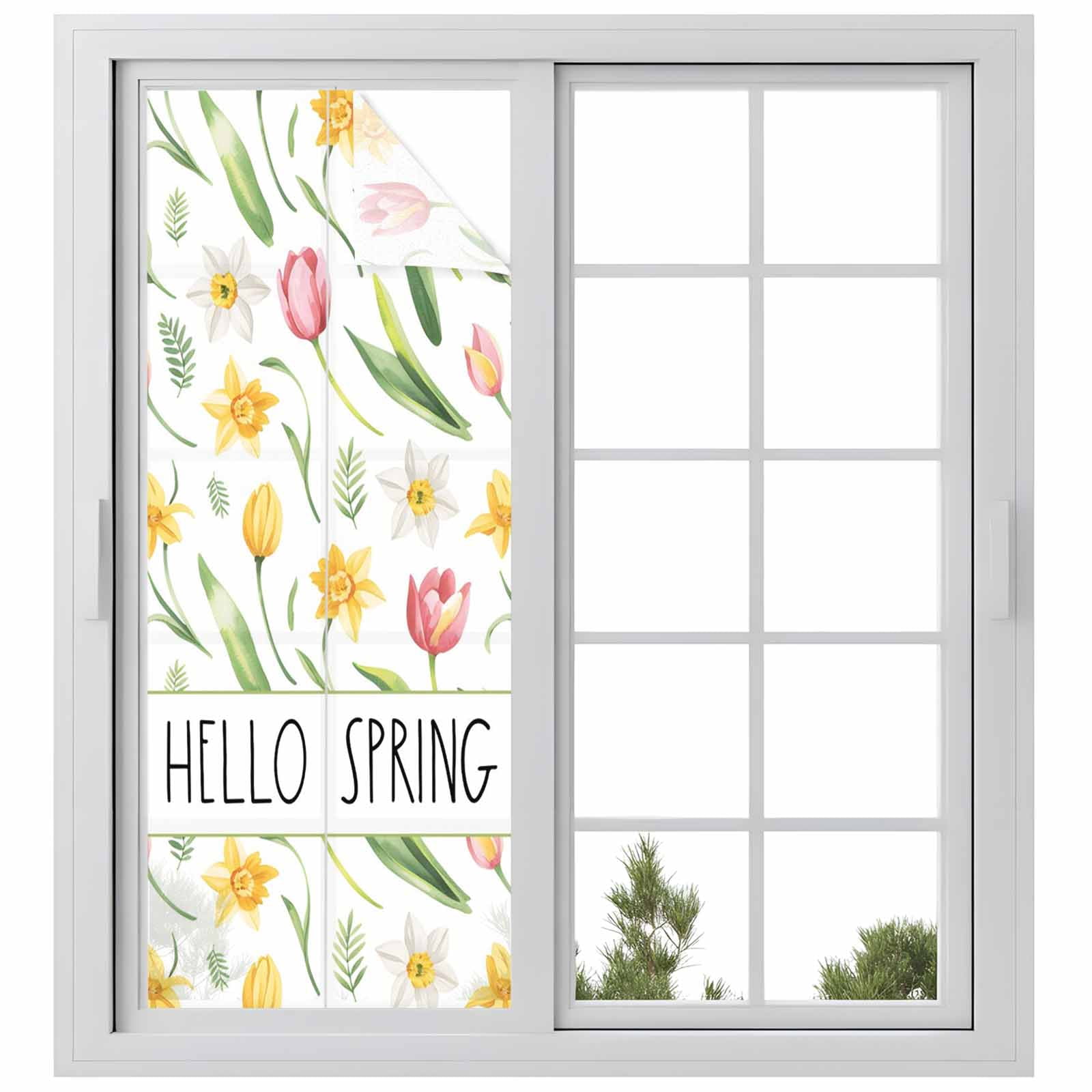 Hello Spring Window Privacy Film, Yellow Pink Tulip Flowers Green Leaf Pastoral Frosted Glass Window Clings Static Cling UV Heat Blocking Reusable Door Sticker for Bathroom 23.6 x 59 Inch