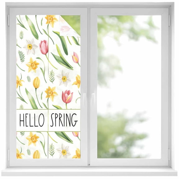 Hello Spring Window Privacy Film, Yellow Pink Tulip Flowers Green Leaf Pastoral Frosted Glass Window Clings Static Cling UV Heat Blocking Reusable Door Sticker for Bathroom 17.7 x 39.3 Inch