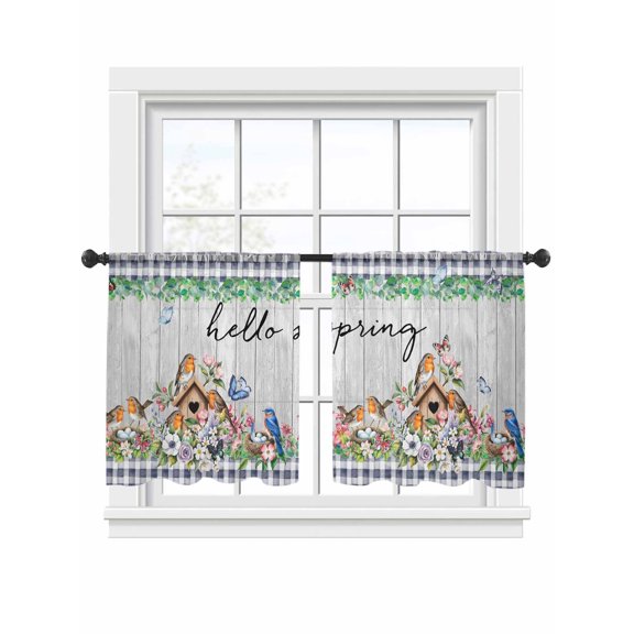 Hello Spring Window Sheer Curtain Bird Pink White Flowers Butterfly Gray Wood Grain Semi Curtain Sheers Light Filtering Rod Pocket Voile Drapes for Bedroom Kitchen Living Room 52 X 45 Inch, 2 Panels