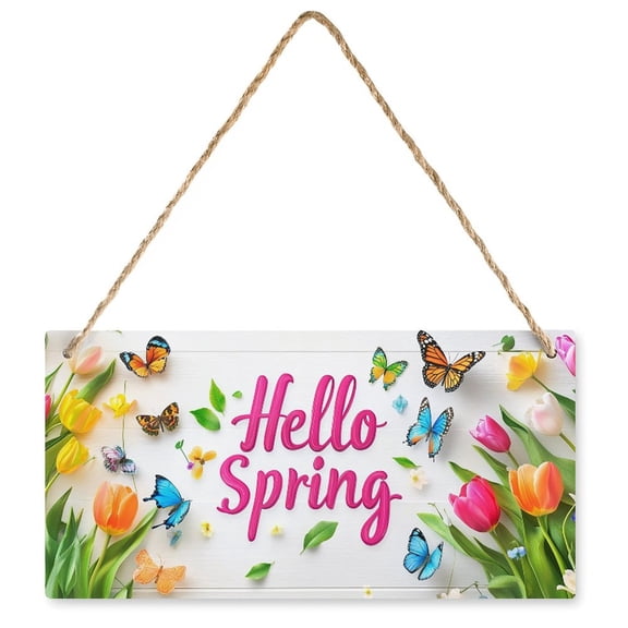 Hello Spring Wooden Hanging Sign Welcome Sign Front Door Decor Rustic Colorful Farmhouse Wood Sign for Spring Holiday Home Office Shop Window Wedding