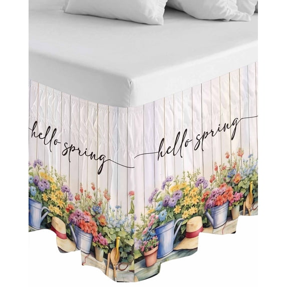 Hello Spring Wrap Around Bed Skirts for King Bed 16" Drop,Bed Skirt with Adjustable Elastic Belt Dust Ruffle Bed Valance for Bedroom Hotel Elagant Summer Floral Botanical Wooden Bed Frame Cover