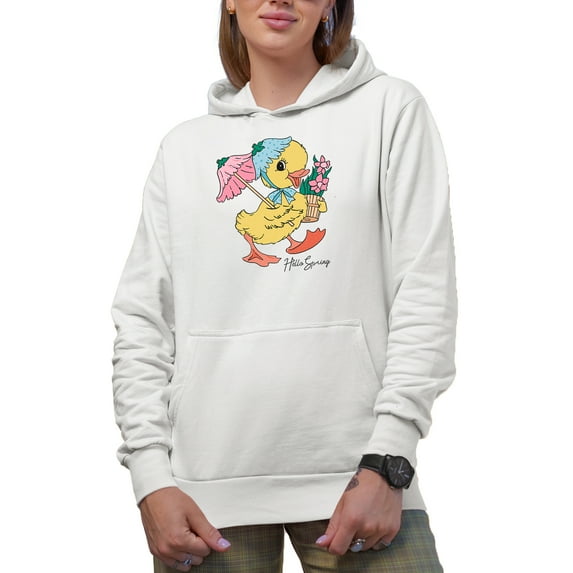 Hello, Spring with a Cute Duckling Art Merch Gift, White Hooded Sweatshirt or Hoodie, Small