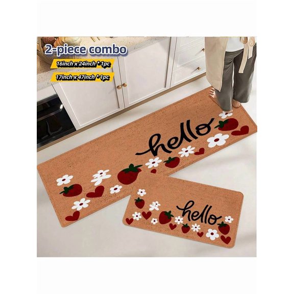 Hello Strawberry Flower Print Kitchen Mat Set, Non-Slip, Machine Washable, 2-Piece (40x60+45x120cm)