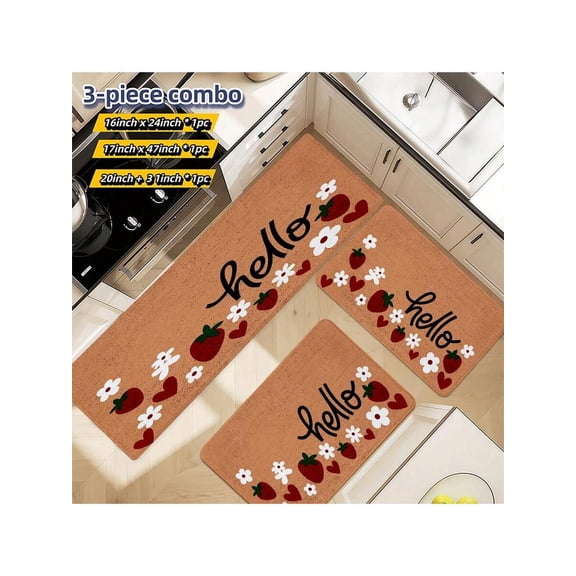 Hello Strawberry Flower Print Kitchen Mat Set, Non-Slip, Machine Washable, 3-Piece (40x60+50x80+45x120cm)