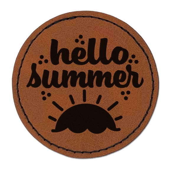 Hello Summer 2.5" Faux Leather Round Engraved Iron-On Patch - Brown