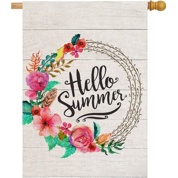 Hello Summer 28 x 40 Inch Decorative Spring Summer Floral Wreath Burlap Double Sided Seasons House Flag