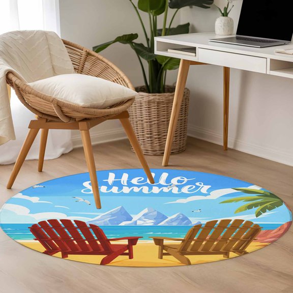 Hello Summer 3.3ft Round Rug for Bedroom Reading Corner, Beach Sandy Chairs Bird Green Tree Coastal Washable Non Slip Circle Area Rug
