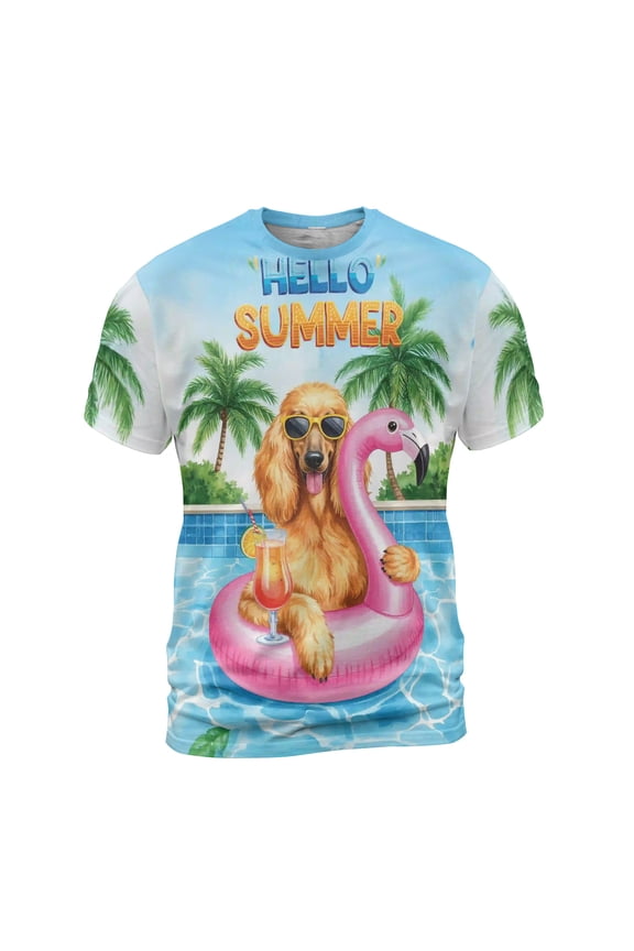 Hello Summer Afghan Hound at Swimming Pool Flamingo Swim Ring All Over Print 3D Shirt Unisex Merch Dog Lover - 12009