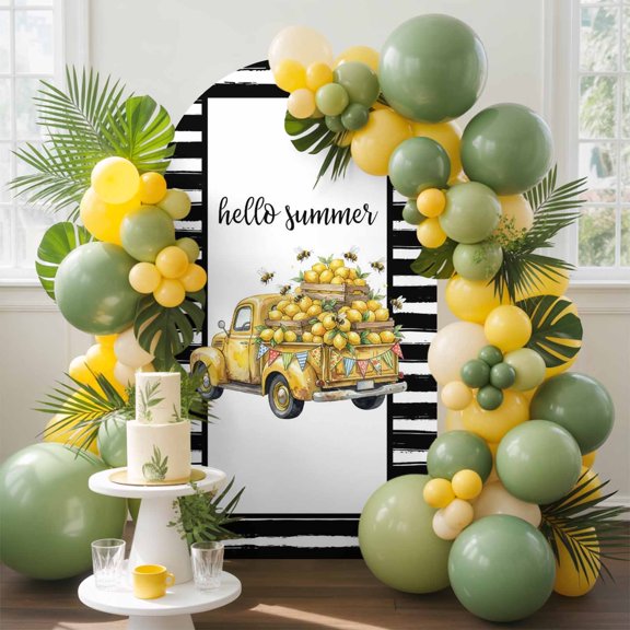 Hello Summer Arch Backdrop Cover, 5FT, Retro Watercolor Lemon Truck Black Stripes Spandex Arch Covers Double-Sided Backdrop for Wedding Birthday Party Photo Background Decoration
