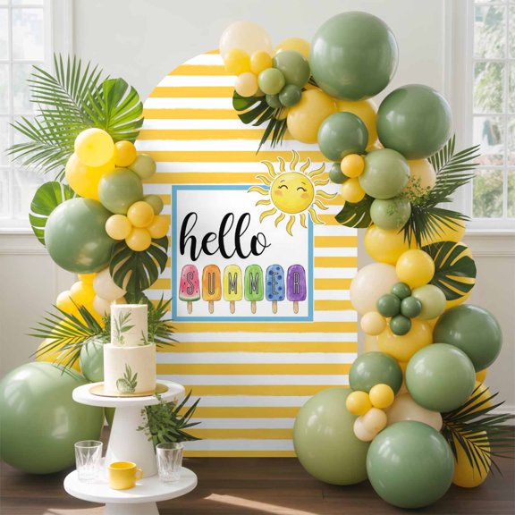Hello Summer Arch Backdrop Cover, 5FT, Yellow Stripes Rainbow Ice Cream Sunshine Cartoon Spandex Arch Covers Double-Sided Backdrop for Wedding Birthday Party Photo Background Decoration