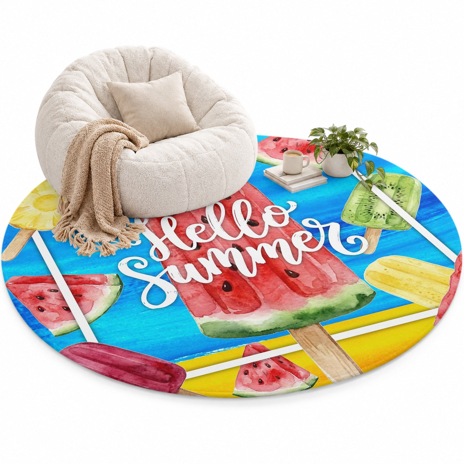 Hello Summer Area Rug 3', Watercolor Watermelon Fruit Ice Cream Modern ...