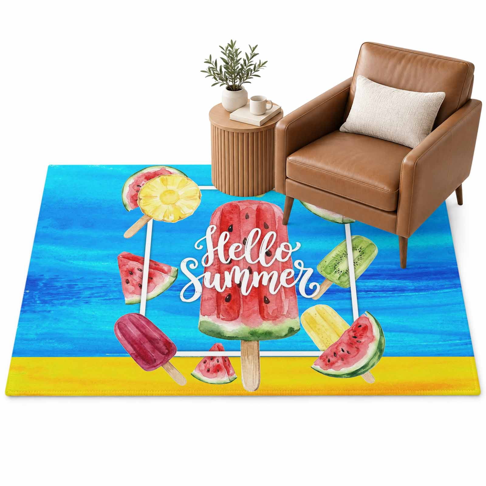 Hello Summer Area Rug 4'x6', Watercolor Watermelon Fruit Ice Cream ...