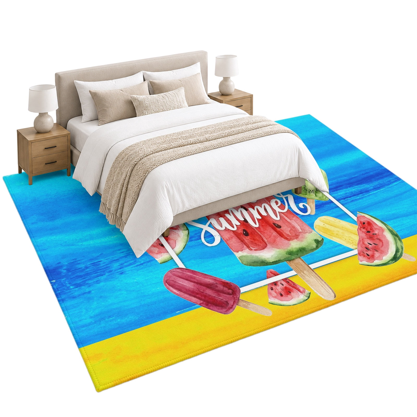 Hello Summer Area Rug 6'x9', Watercolor Watermelon Fruit Ice Cream ...