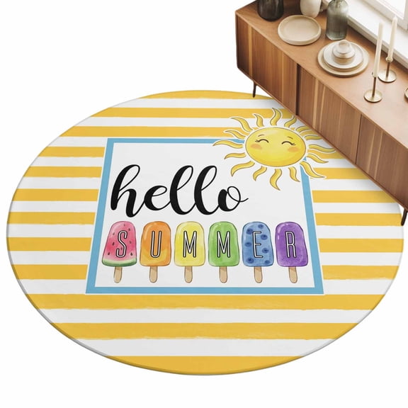 Hello Summer Area Rug, Yellow Stripes Rainbow Ice Cream Sunshine Cartoon Non-Slip Felt Rubber Backing Round Indoor Carpet Washable Rugs for Living Room Bedroom 3ft