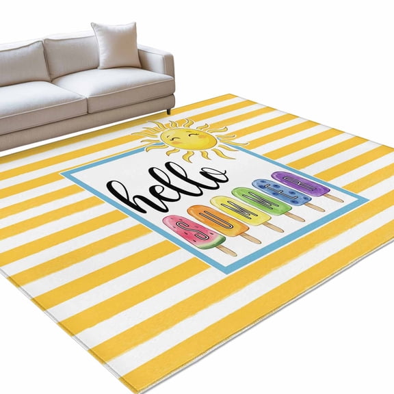 Hello Summer Area Rugs 6x9ft Yellow Stripes Rainbow Ice Cream Sunshine Cartoon Floor Rug Non Slip Low Pile Ultra Soft Throw Carpet for Entryway Indoor Entrance Kitchen Bathroom