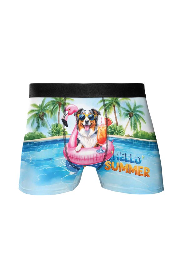 Hello Summer Australian Shepherd at Swimming Pool Flamingo Swim Ring All Over Print Boxer Briefs Underwear for Men Dad Aussie Dog Lover Gifts - 12009