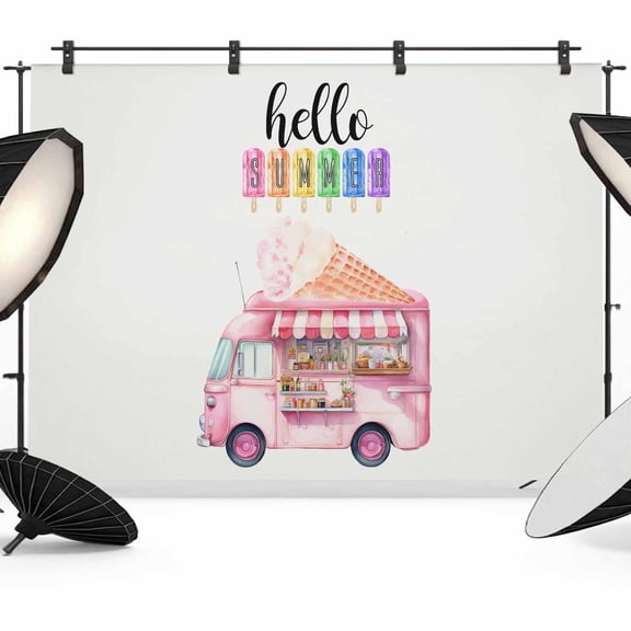 Hello Summer Backdrop for Photoshoot, Photography Photo Studio Background Wall Backdrop, Pink Ice Cream Truck Watercolor Back Drop Banner Panel for Portraits Wedding Party Live Streaming Decor 10x8Ft