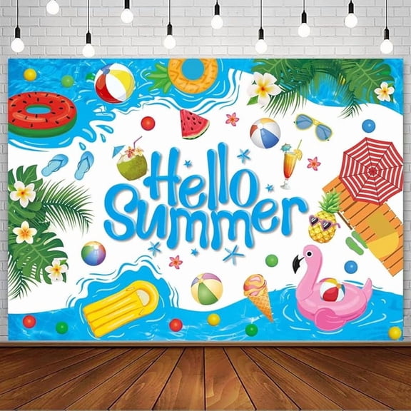 Hello Summer Backdrop Summer Pool Hawaiian Tropical Surfboard Party Decoration Cartoon Hello Summer Children Baby Shower Decoration 8x6FT