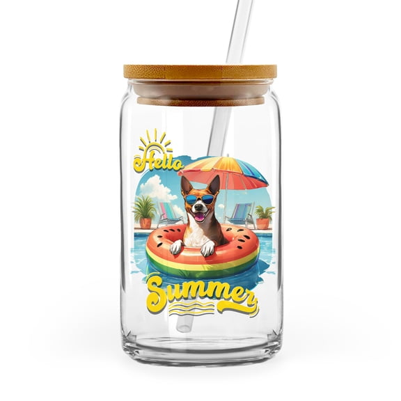 Hello Summer Basenji Pool Day on Watermelon Float 16oz Glass Cup Mug African Barkless Dog Lover Glass Can with Bamboo Lid and Straw - 13008