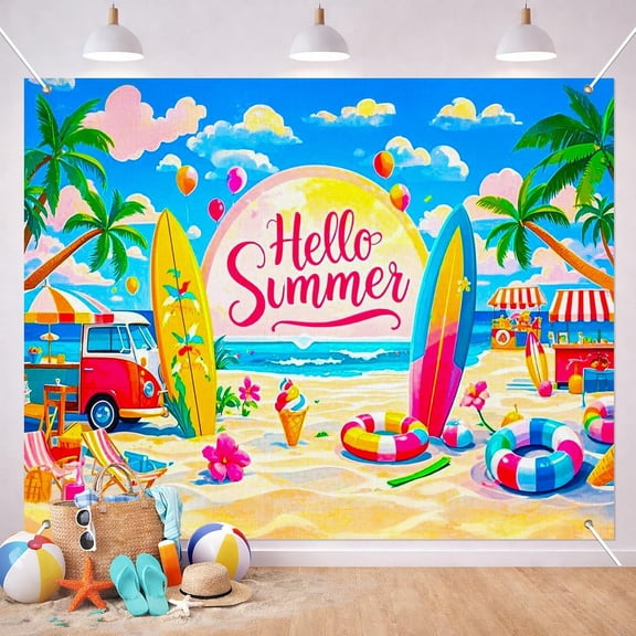 Hello Summer Beach Birthday Backdrop Tropical Ocean Surfboard Palm Tree Seaside Scene Happy Birthday Background Pool Luau Event Coastal Party Decorations Banner Photo Booth Props