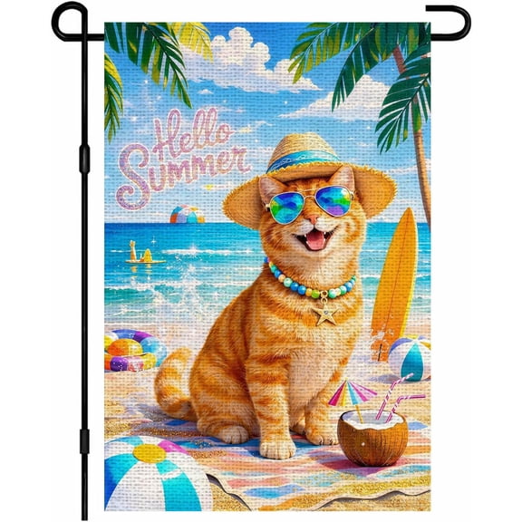 Hello Summer Beach Cat Garden Flag 12x18 in, Double-Sided Linen, Straw Hat & Surfboard, Seasonal Holiday Yard Outdoor Sign Outside Home House Beach Party Spring Decorations