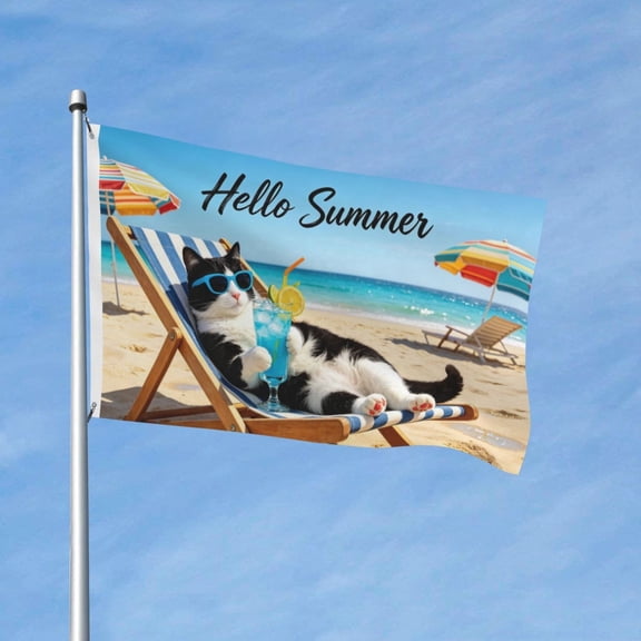 Hello Summer Beach Cat Garden Flags for Outside 3x5 Ft Double Sided Large House Flag Cute Black and White Cats Flags Housewarming Gifts for Women Men Cat Lovers Beach Yard Outdoor Patio Decor