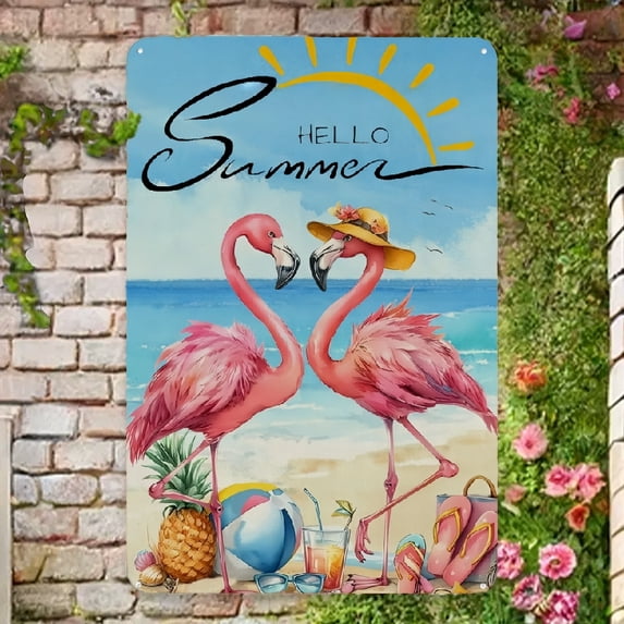 Hello Summer Beach Flamingos Flip Flops Seaside Themed Metal Sign 12x8 Inch Yard Outdoor Outside Holiday