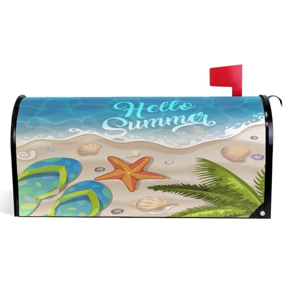 Hello Summer Beach Mailbox Cover Blue Ocean Sea Mailbox Covers Magnetic Large Size 25.5" X 21" Mailbox Wraps Post Letter Box Cover Garden Decorations