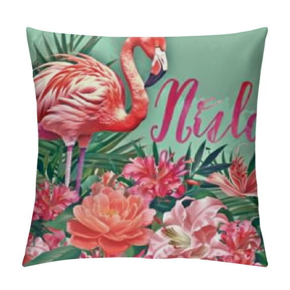 Hello Summer Beach Pillow Covers Tropical Flower Palm Leaves Flamingo Ocean Sea Starfish Flip Flops Outdoor Decor Throw Pillow Cases Blue Pink