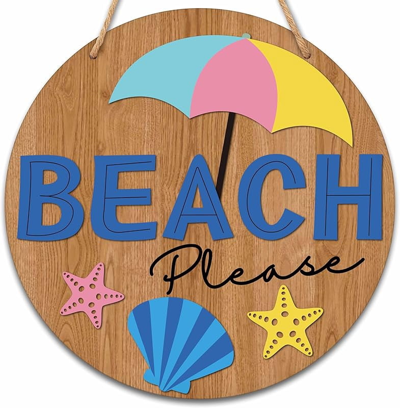 Hello Summer Beach Round Wooden Door Sign, Decorations for Home, Ocean ...