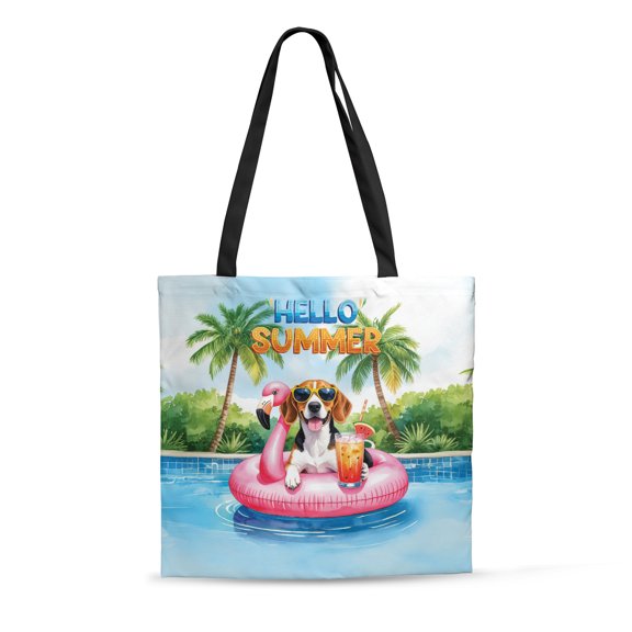 Hello Summer Beagle at Swimming Pool Flamingo Swim Ring All Over Print 3D Canvas Tote Bag Beagles Dog Lover Gifts Idea Reusable Handbag - 12009