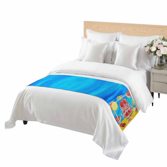 Hello Summer Bed Runner Queen Size Watercolor Watermelon Fruit Ice Cream Modern Soft Bed Scarf for Foot of Bed, Decorative Bedding Scarf Protection for Hotel Home Bedroom 83 x 20 Inch