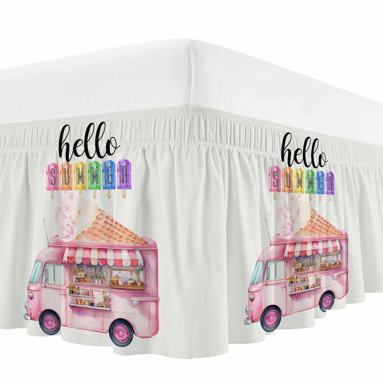 Hello Summer Bed Skirt Queen Size, Pink Ice Cream Truck Watercolor Wrap Around Bed Skirting with Adjustable Elastic Strap, Dust Ruffle Pleated Bedskirts 16 Inch Drop for Bedroom Queen Beds