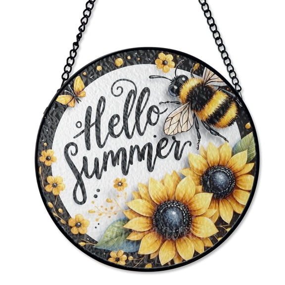 Hello Summer Bee Sunflower Suncatcher Stained Glass Style UV Printed Glass Garden Window Hanging Round
