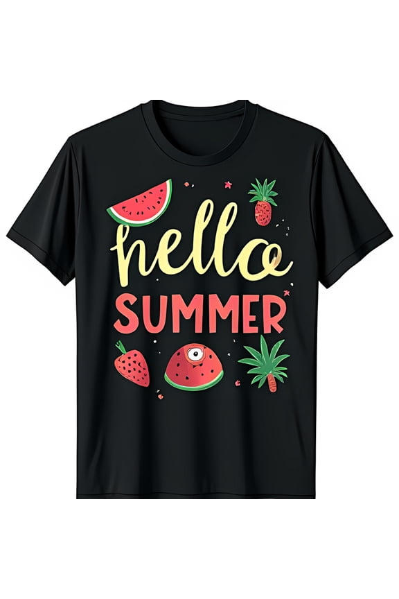 Hello Summer Black T-Shirt with Fun Fruit Graphic & Tree Design