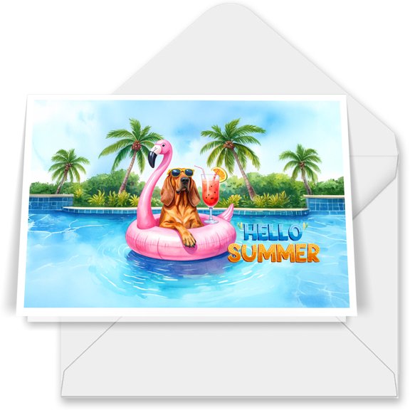 Hello Summer Bloodhound at Swimming Pool Flamingo Swim Ring 7x5in Folded Greeting Card Dog Lover Single Note Card with Envelope - 12009