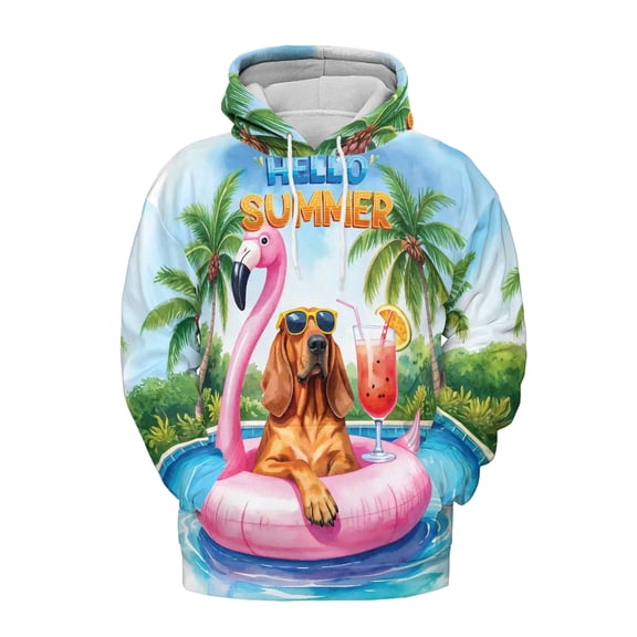 Hello Summer Bloodhound at Swimming Pool Flamingo Swim Ring All Over Print 3D Hoodie Unisex Merch Hoodies Dog Lover - 12009