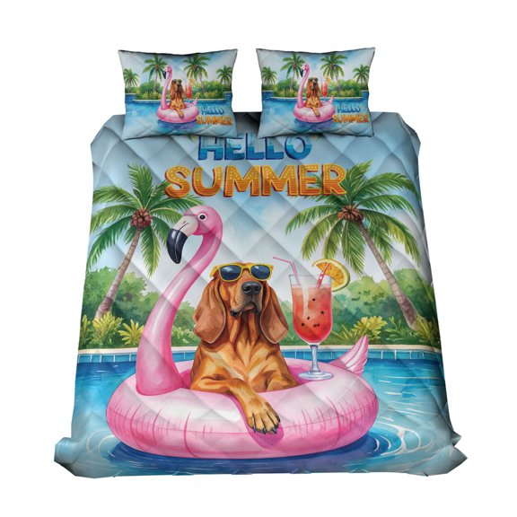 Hello Summer Bloodhound at Swimming Pool Flamingo Swim Ring Quilt Bedding Set Dog Lover 1 Blanket Bed Cover 2 Pillowcases - 12009
